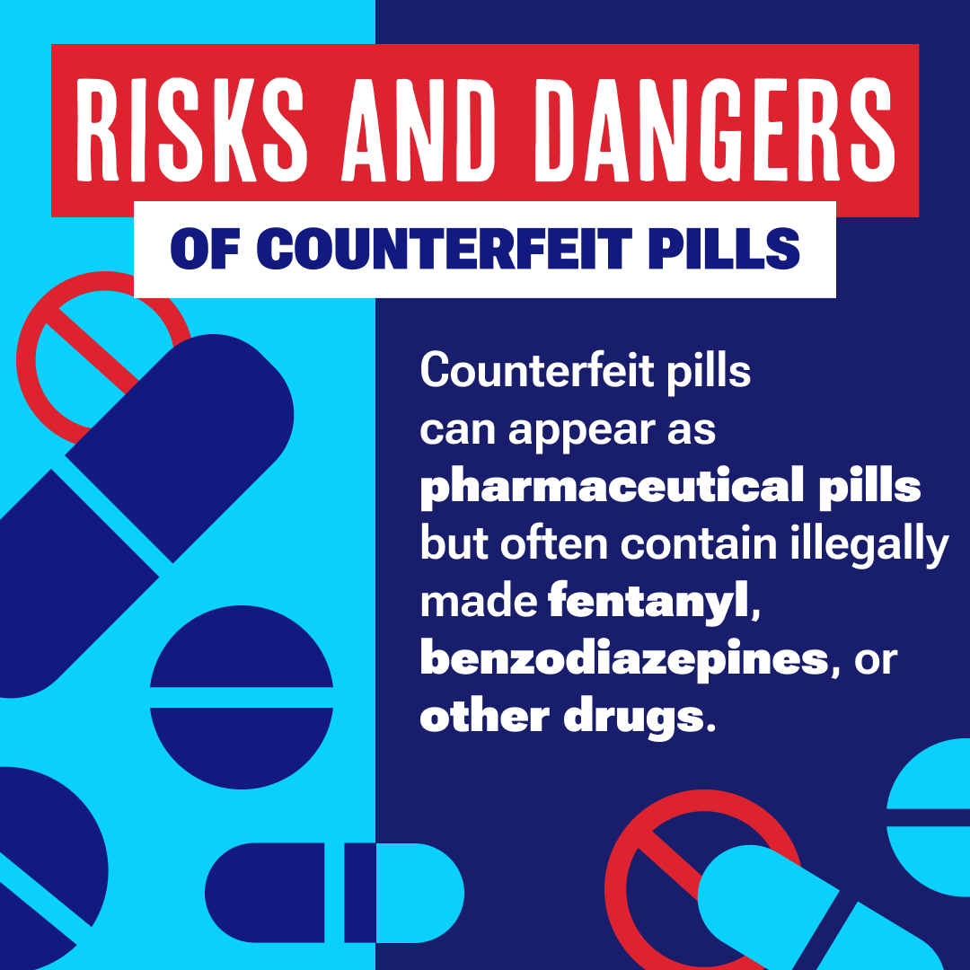 OverdosePrevention-CounterfeitPills Risks and dangers of counterfeit pills. Counterfeit pills can appear as pharmaceutical pills but often contain illegally made fentanyl, benzodiazepines, or other drugs.
