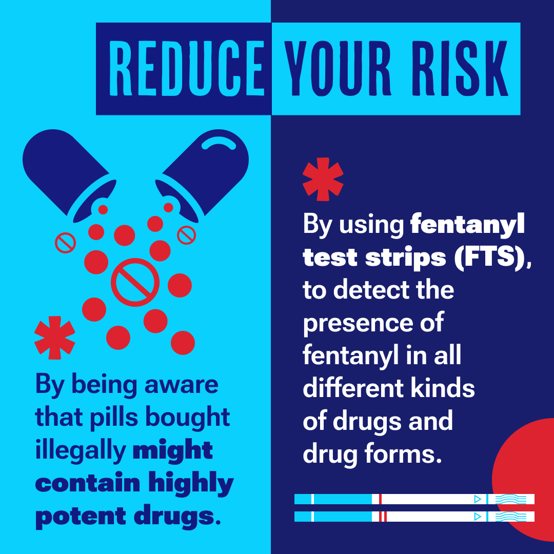OverdosePrevention-CounterfeitPills3 Reduce your risk. By being aware that pills bought illegally might contain highly potent drugs. By using fentanyl test strips to detect the presence of fentanyl in all different kinds of drugs and drug forms.