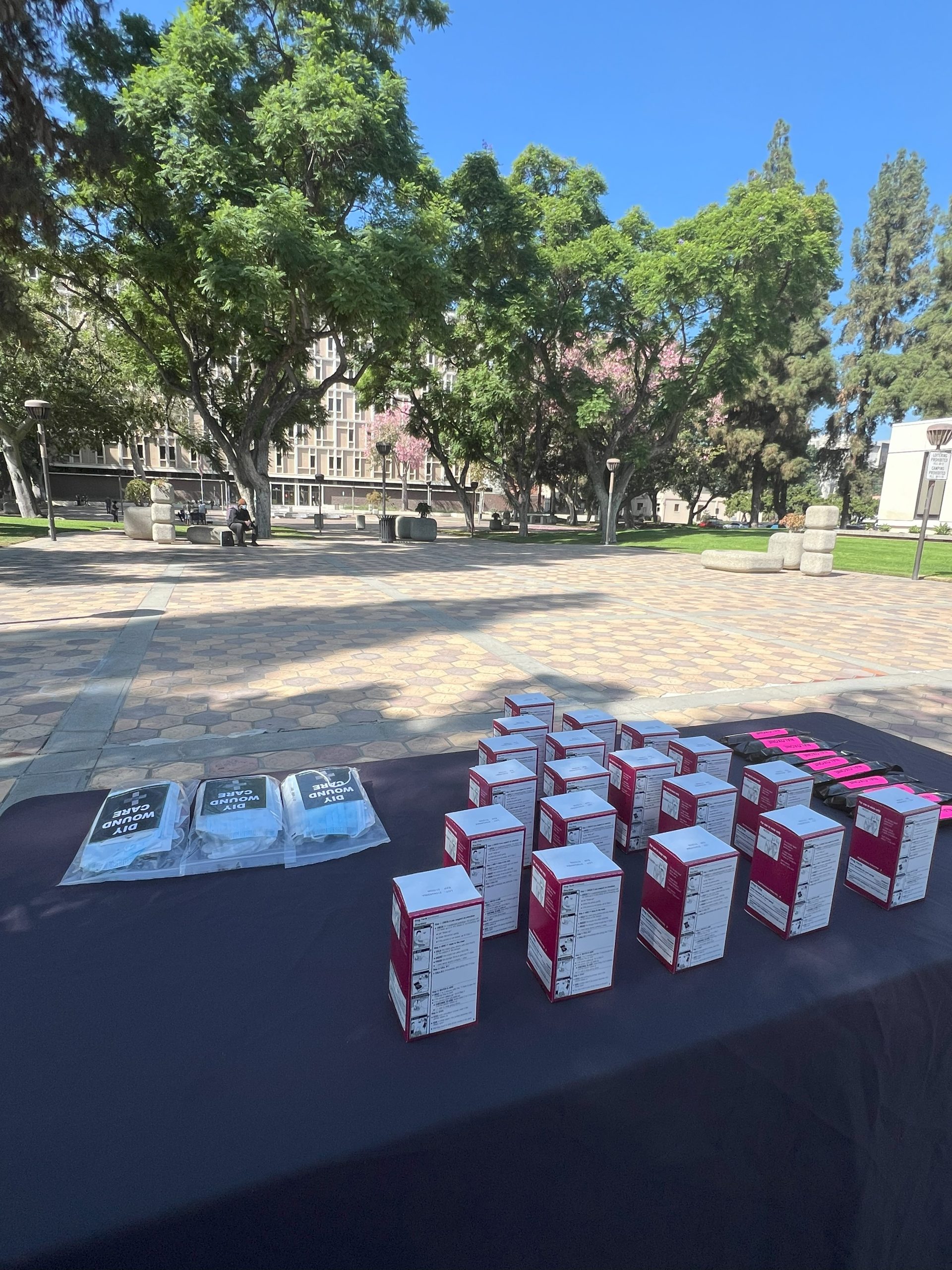 Table with naloxone kits—both nasal and intramuscular, facing LA County Courthouse