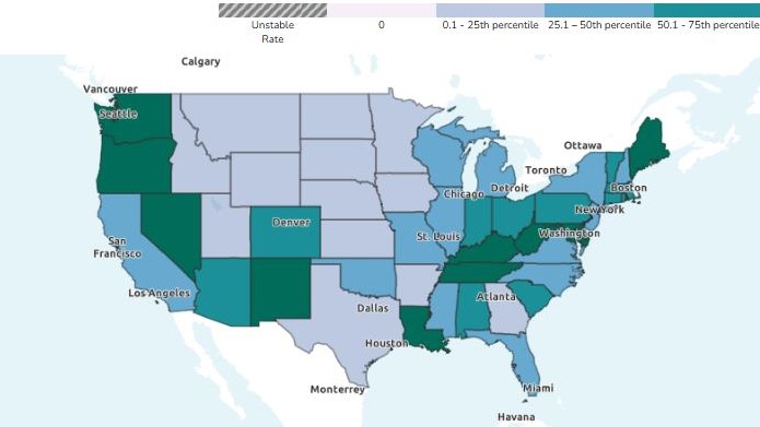 Map of the U.S. showing data on violence, overdose, and injury.