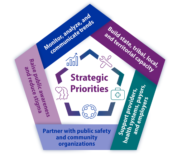 Infographic: Strategic Priorities - Pentagon A pentagon shape with a strategic priority along each side in a different color.