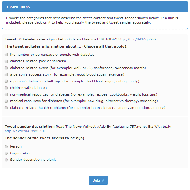 A screen capture of an example tweet and the description of the Twitter user who sent the tweet along with the instructions for classifying the tweet into topic and user categories.