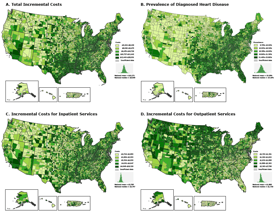 Incremental costs of care and prevalence of diagnosed heart disease for fee-for-service Medicare beneficiaries by county, 2012. A. Total incremental costs of care. Seven counties had negative incremental values. B. Prevalence of diagnosed heart disease. C. Incremental costs for inpatient services. Nineteen counties had negative incremental values. D. Incremental costs for outpatient services. Ten counties had negative incremental values. All counties with negative incremental values had fewer than 30 beneficiaries with heart disease. Beneficiaries with diagnosed heart disease were identified according to the following Centers for Medicare %26 Medicaid Services Hierarchical Conditions Category codes: congestive heart failure (80), acute myocardial infarction (81), unstable angina/acute ischemic heart disease (82), and specified heart arrhythmias (92). Incremental costs were calculated as the difference between the mean annual costs per capita for beneficiaries with heart disease and the mean annual costs per capita for beneficiaries without heart disease. For all maps, the category “Insufficient data” indicates that data from counties with fewer than 10 Medicare beneficiaries were suppressed. Data source: Centers for Medicare %26 Medicaid Services (5). We used ESRI’s ArcGIS 10.3 software to produce the maps.