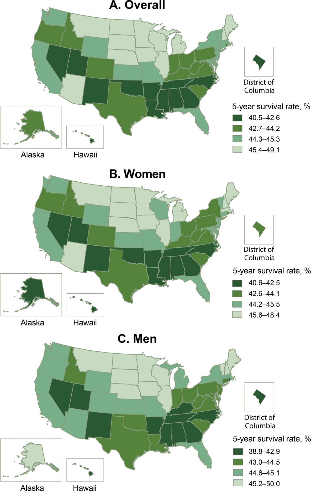 Adjusted 5-year survival after acute ischemic stroke among Medicare fee-for-service beneficiaries, Medicare cohort 2008–2017. Map A shows the adjusted 5-year survival after acute ischemic stroke among all Medicare fee-for-service beneficiaries. Map B shows the adjusted 5-year survival among women, and Map C shows the adjusted 5-year survival among men.