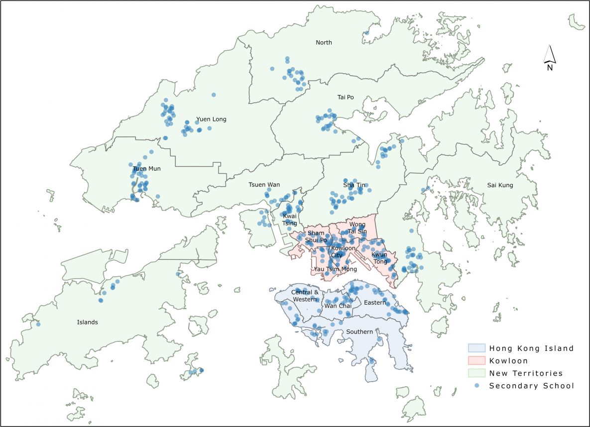 20_0601_01 The location of 490 secondary schools in 3 regions and 18 districts in Hong Kong.