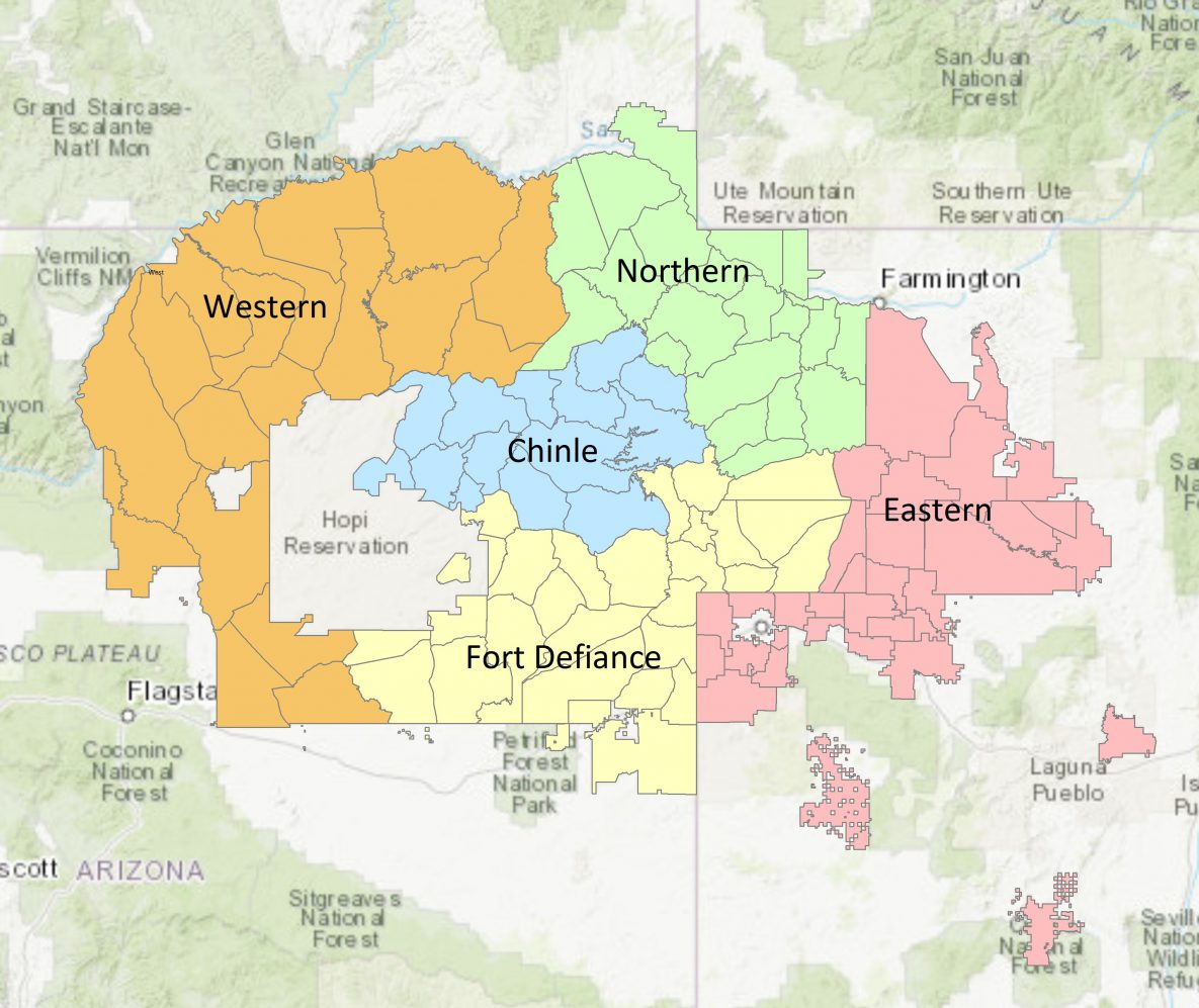 22_0106_01 The 5 regions (also known as agencies) of the Navajo Nation: Chinle, Eastern, Fort Defiance, Northern, and Western. Sources: Esri, Esri China (Hong Kong), Esri Japan, Garmin, General Bathymetric Chart of the Oceans, GeoBase, GIS User Community, HERE Technologies, Institute Geographique National Increment P Corporation, Intermap Technologies, Kadaster International, Ministry of Economy, Trade and Industry, National Park Service, Natural Resources Canada, OpenStreetMap contributors, Ordnance Survey, United Nations Food and Agriculture Organization, and US Geological Survey.