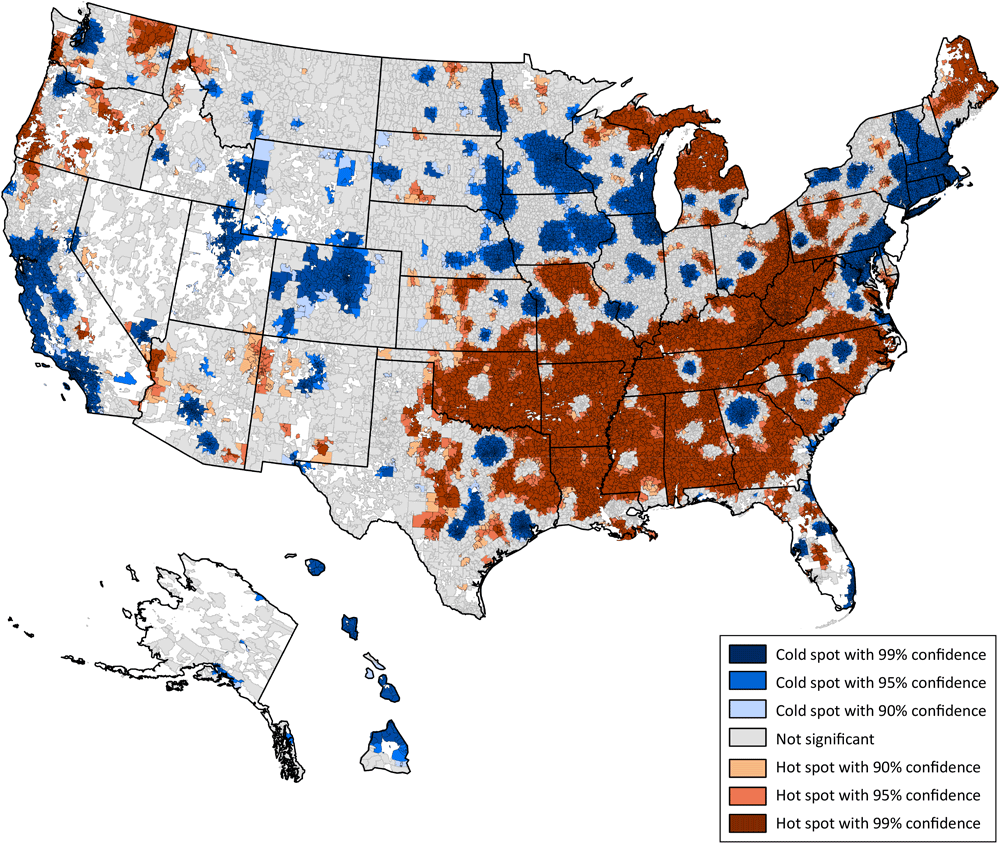 23_0267_03 Hot Spot analysis of chronic disease prevalence scores throughout the US calculated in ArcGIS Pro (Esri) showing significant spatial clusters of high chronic disease prevalence scores (red clusters = hot spots) and low chronic disease prevalence scores (blue clusters = cold spots).