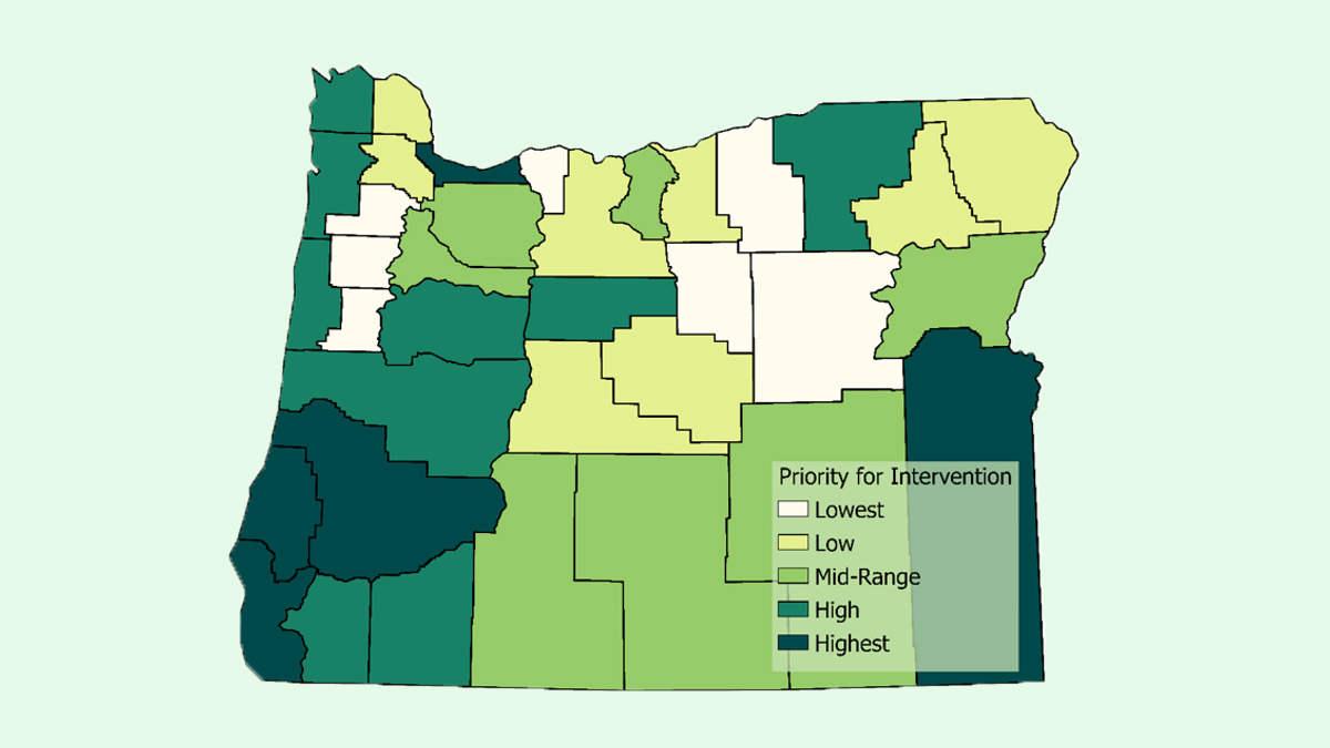 — title missing — The color-coded map of Oregon indicates Priority for Intervention on a five-level scale from Lowest to Highest.