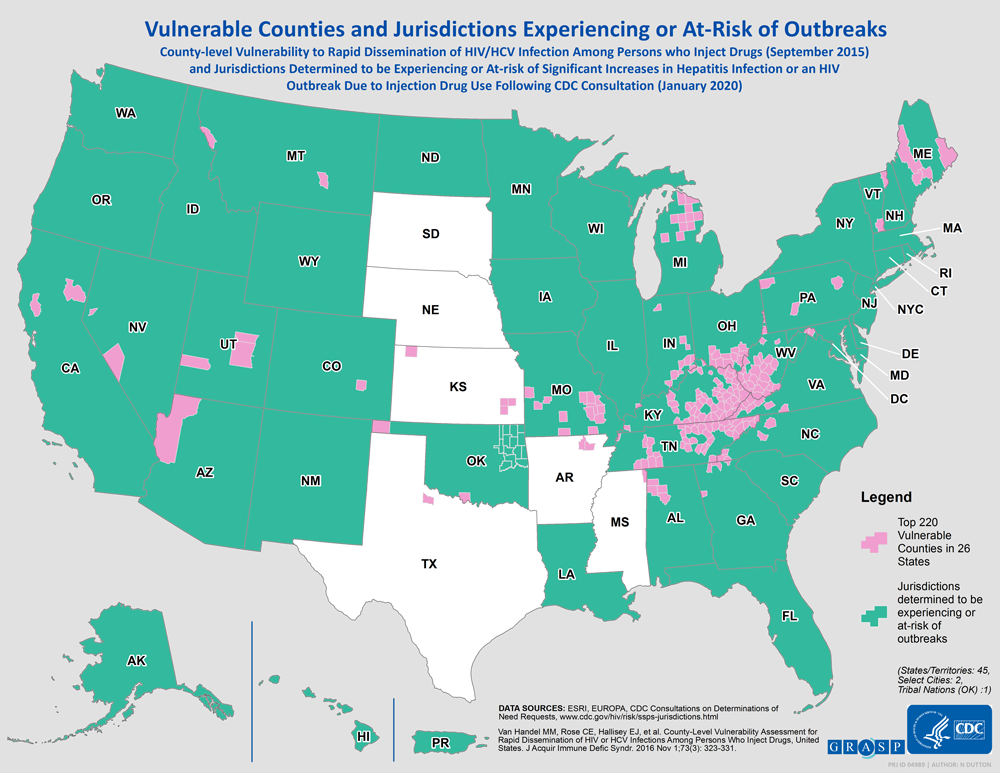 Vulnerable Counties and Jurisdictions Experiencing or At-Risk of Outbreaks Vulnerability to rapid dissemination of HIV/HCV infection among persons who inject drugs and jurisdictions determined to be experiencing or at-risk of significant increases in hepatitis infection or an HIV outbreak due to injection drug use following CDC consultation.