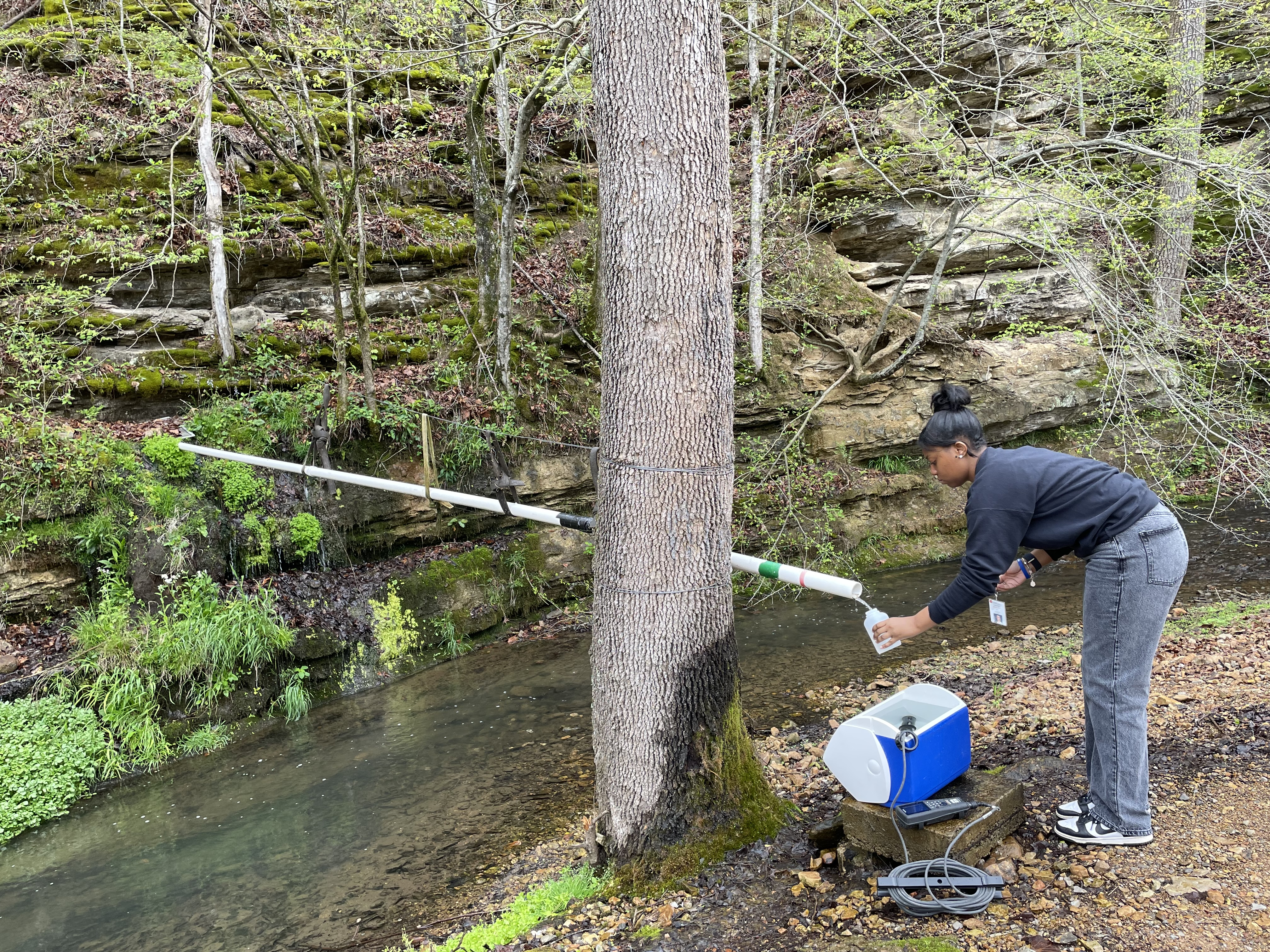 Host Site Water Testing PHAP A person stands next to a flowing creek. They hold a bottle collecting water from a pipe on the opposite bank.