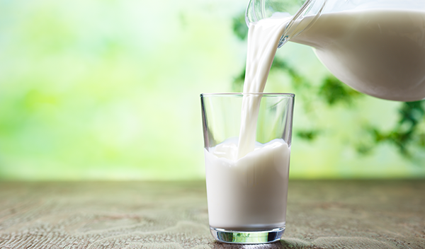 anthology-rawmilk Pitcher pouring milk into a glass on a table.