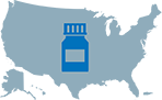 Legal Developments Blue prescription bottle transposed over a map of the continental United States.