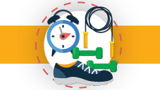 — title missing — Gold bar with circle in the middle. Drawing of physical activity items in the circle.