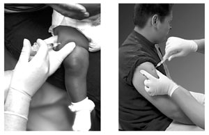 vaccine figure 6 Images of intramuscular injection into toddler thigh and adult upper arm.