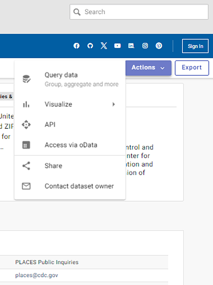 PLACES Data Portal Actions Menu PLACES Data Portal Actions button and menu, including Query data, visualize, API, Access via oData.
