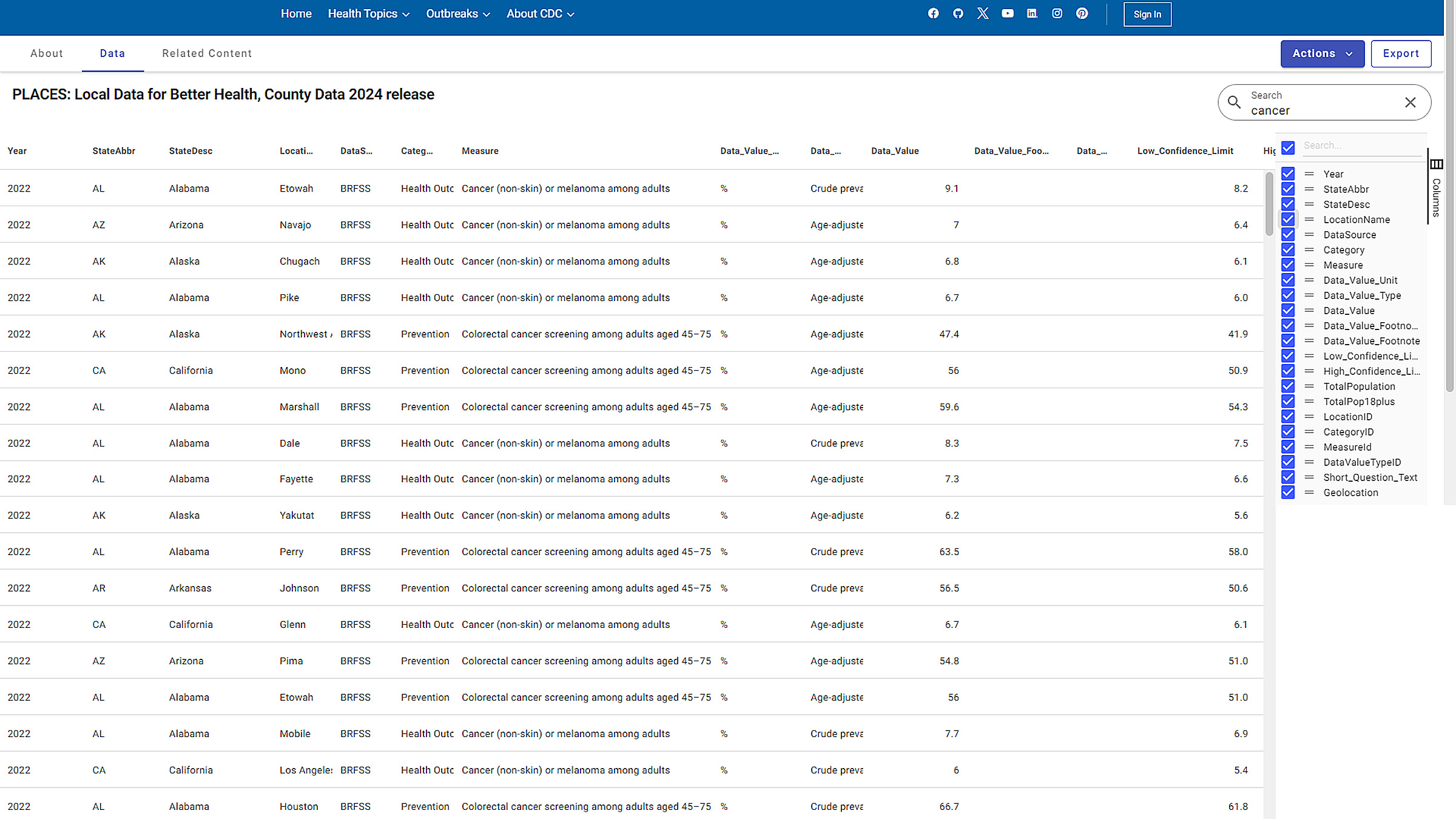 PLACES Data Portal Column Headings Data Set allows user to click on right side of table, column list appears, add/subtract columns.