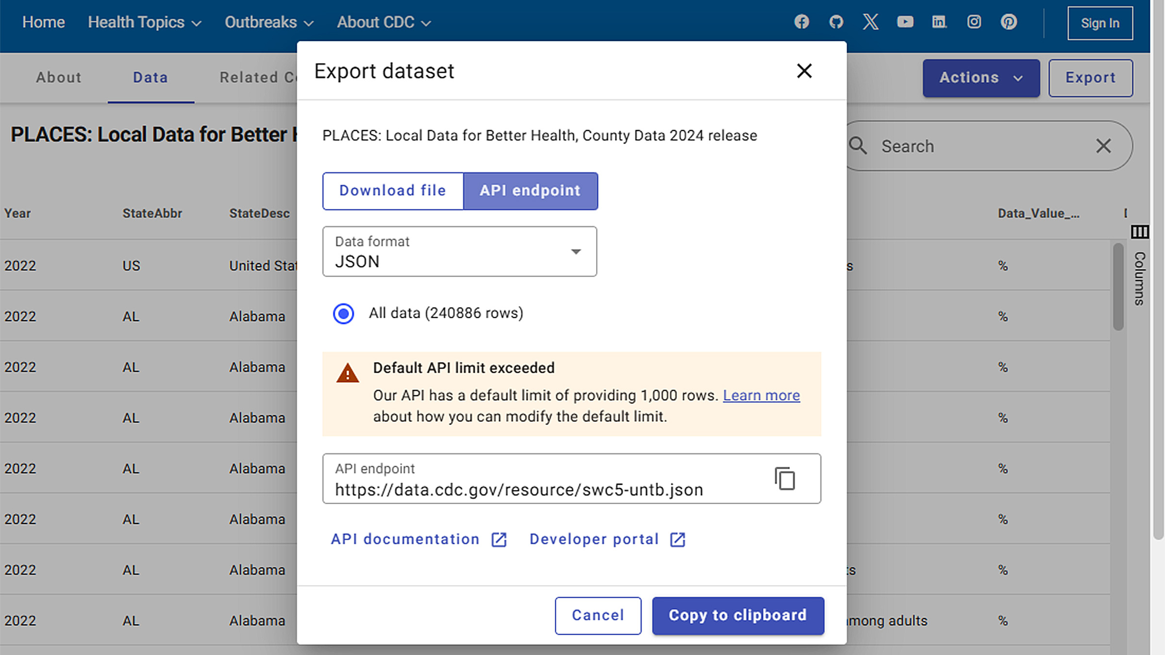 PLACES Data Portal Download Data Portal Export/Download API endpoint option, showing download of a JSON file.