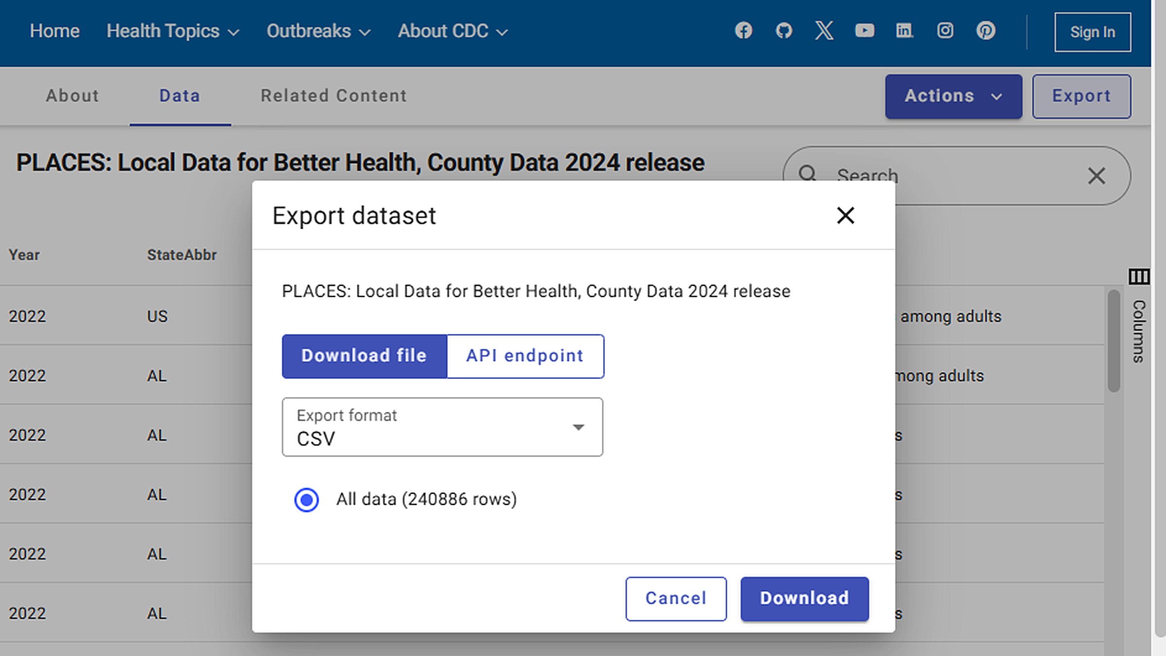 PLACES Data Portal Export The Data Portal "Export" window accessed from the "Export" button next to the "Actions" button.