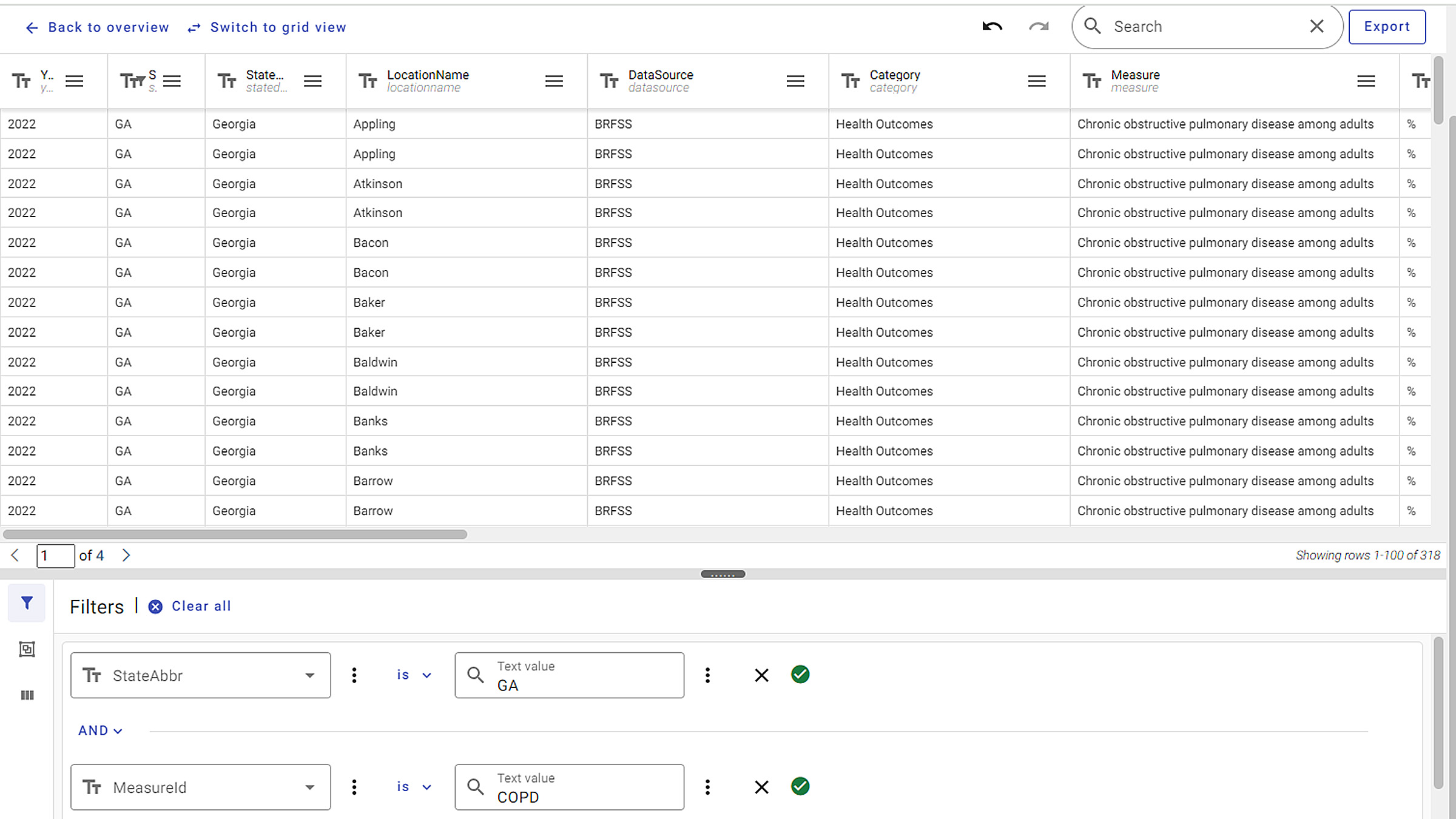PLACES Data Portal Query Data view screenshot displays Query filters of data by state (GA) and measure (COPD).