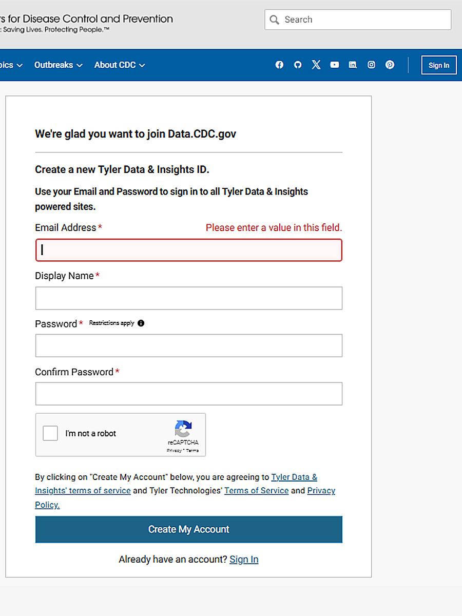 PLACES Data Portal Sign Up Data Portal screen showing form to sign up for a Tyler Data & Insights ID account for data download.