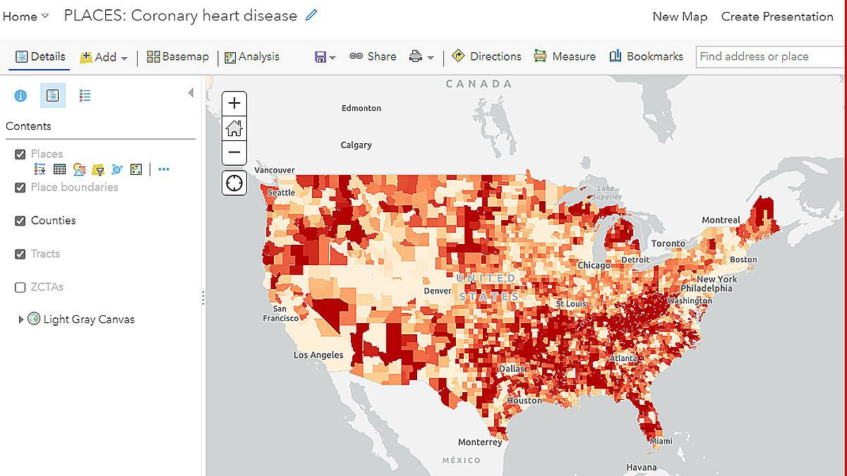 PLACES Coronary Heart map Customized Coronary Heart PLACES map on ArcGIS Online Map Viewer for individual measure.