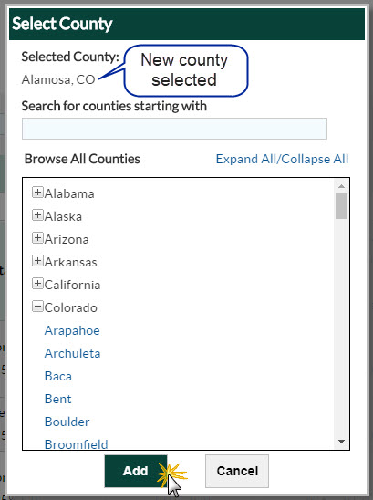 Select county from Browse all Counties and click Add button Select a new county from Browse all Counties list to replace original selection and click Add button