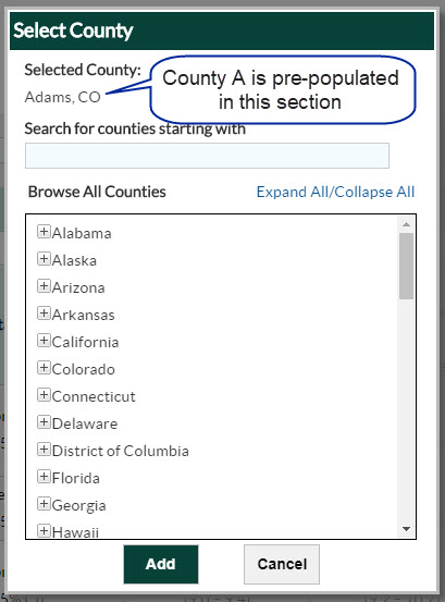 County is pre-populated Shown is how first alphabetical county is auto-populated in this section.