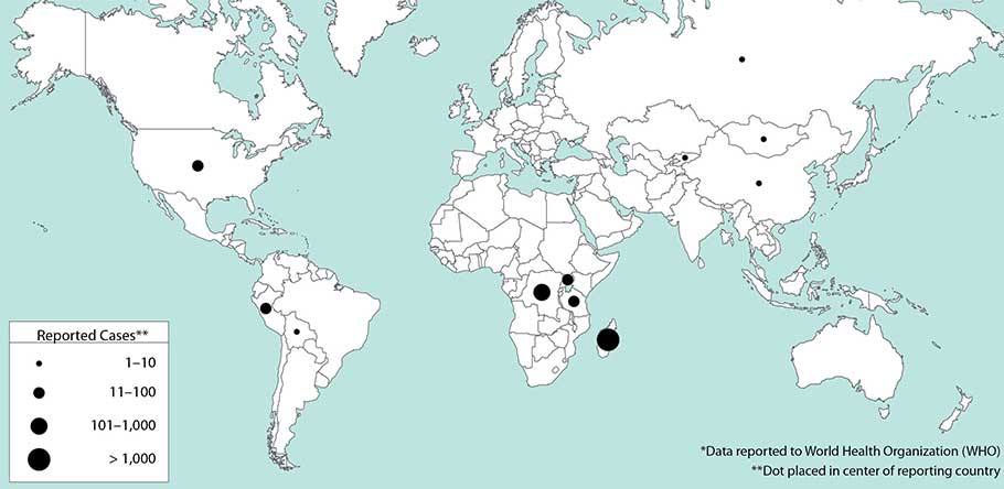 World map showing regions with plague cases 2013-2018 World map showing regions with plague cases for the years 2000-2009.