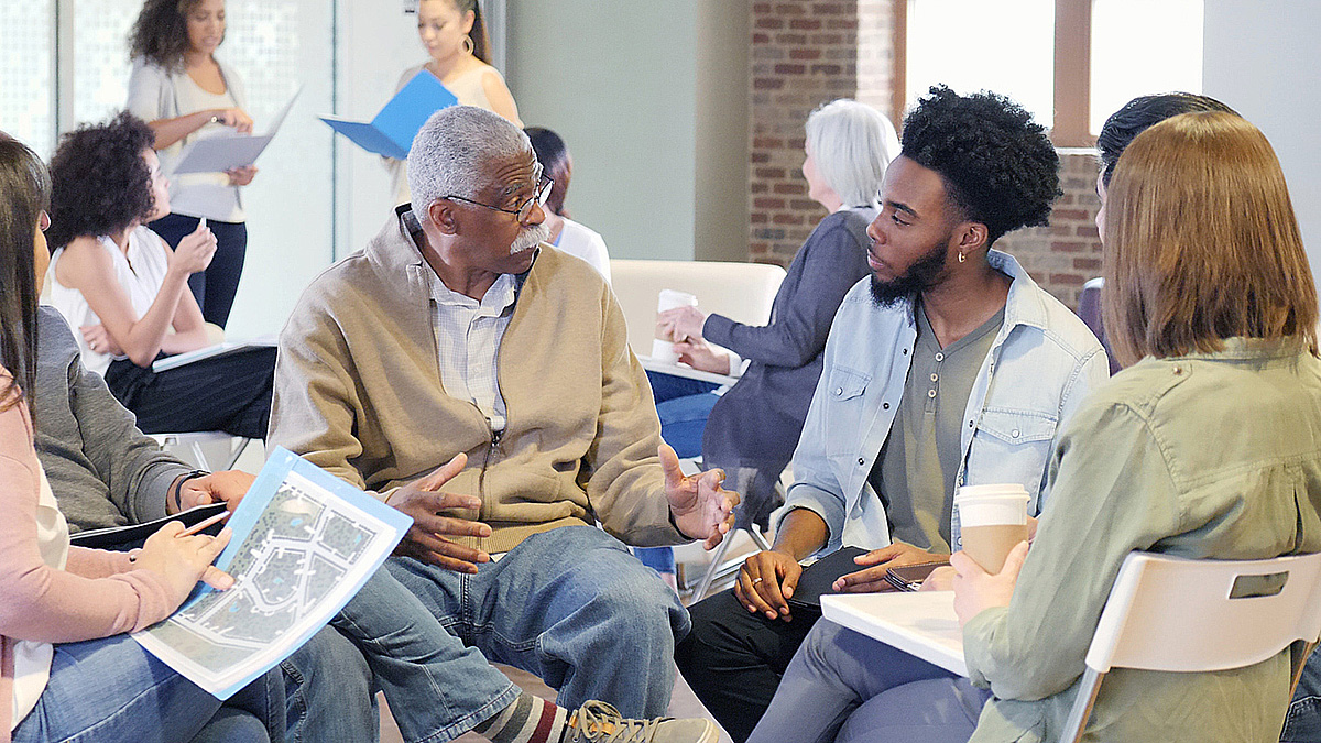 PRCs Diverse Group Race Discussion Age-, sex-, and racially-diverse group have discussion on race relations.