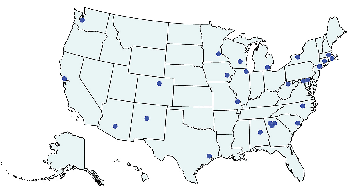 PRCs US Map Thumbnail 19-24 U.S. map showing Prevention Research Centers funded 2019– 2024.