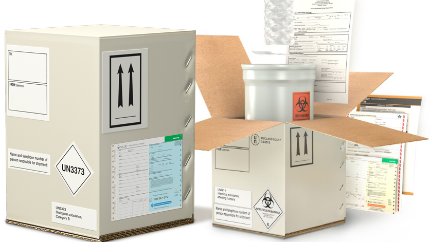 — title missing — Image of shipping containers marked as containing biological substances.