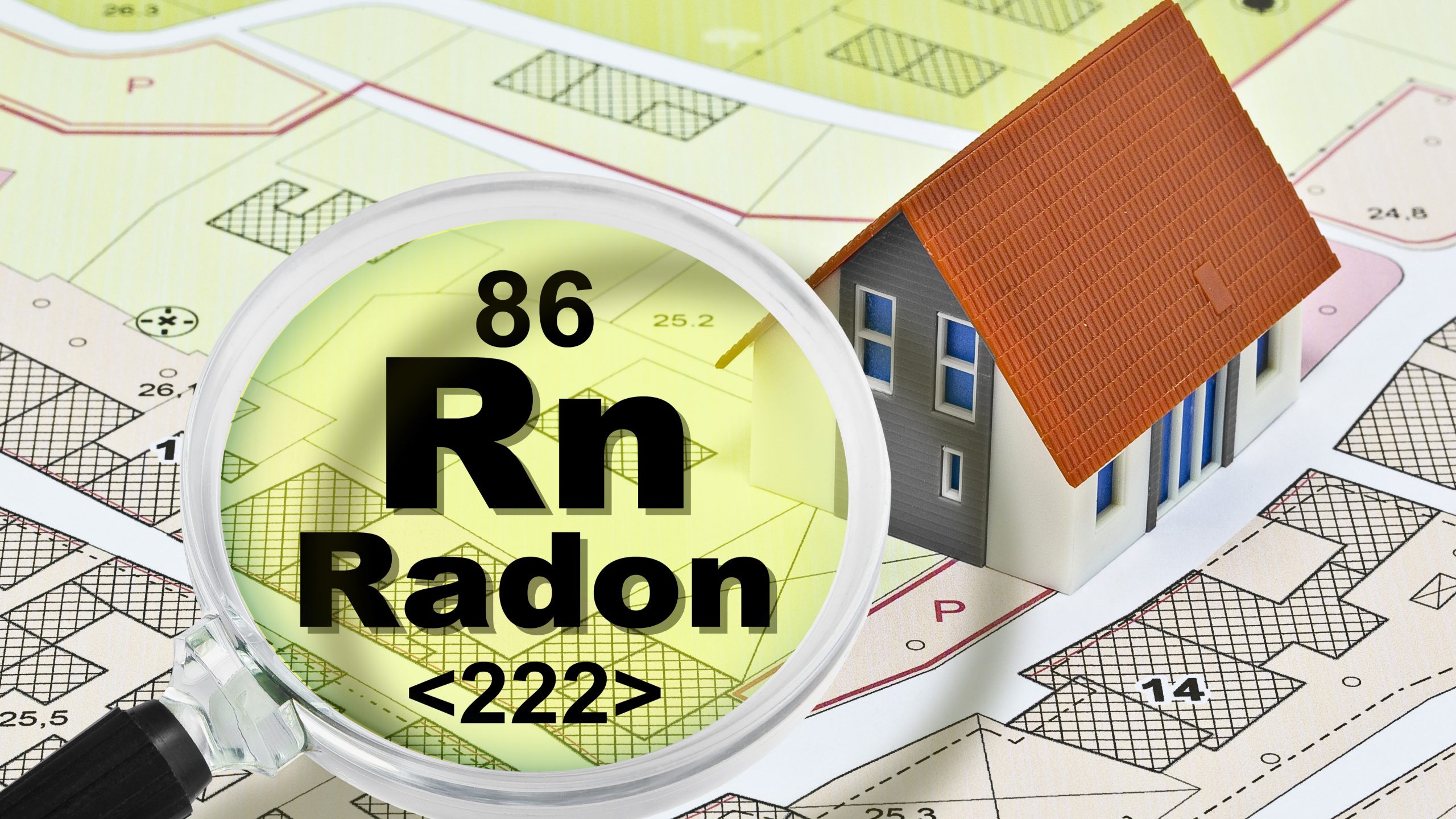 Rn Radon A gamepiece house sits on top of a neighborhood map. A magnifying glass hovers over the map with text in the lens that reads, "86 Rn Radon "