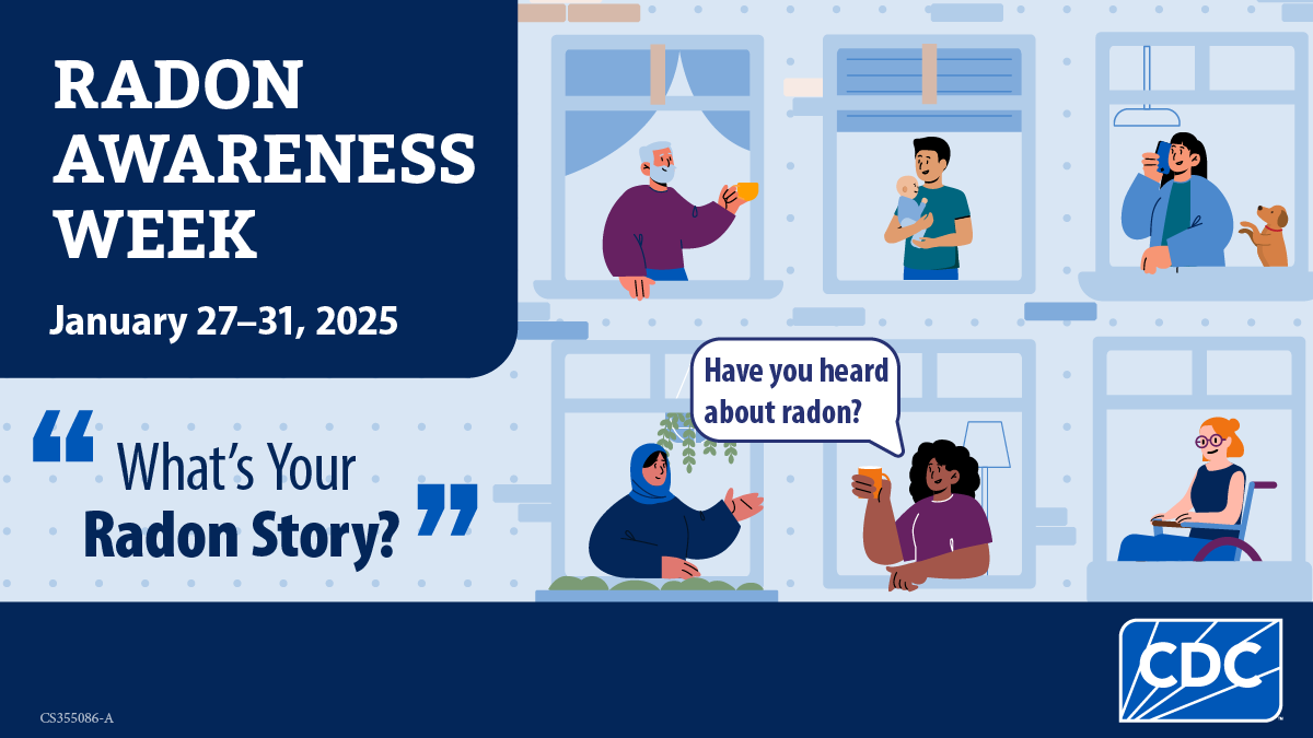 Radon Awareness Week 2025 Diverse group of people by apartment windows talking about radon.