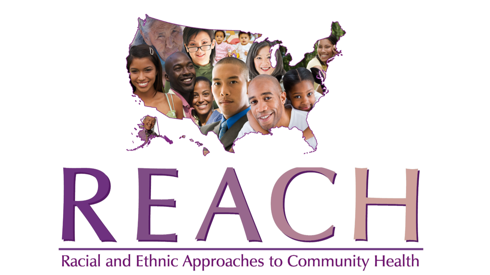 REACH Program Logo Different people embedded in USA map with the words REACH, Racial and Ethnic Approaches to Community Health, below the map.