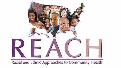 — title missing — US map filled with people's faces. Text under image says: REACH Racial and Ethnic Approaches to Community Health.