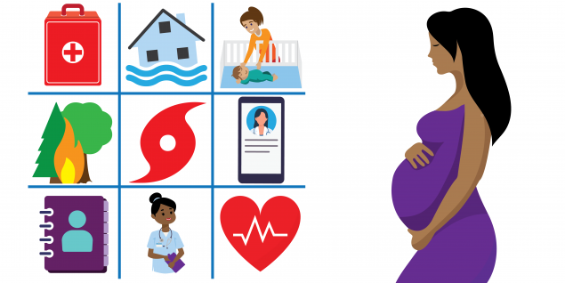 Emergypreparednessfeaturemedium.png Pregnant woman next to symbols of hurricanes, floods, wildfires, first aid kit, contact book, doctor, baby sleeping on back in empty crib.