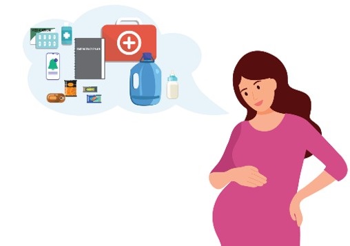 SeptPreparedness919221200x67501.jpg Pregnant woman with thought bubble filled with emergency items including first aid kit, water, medication, etc.