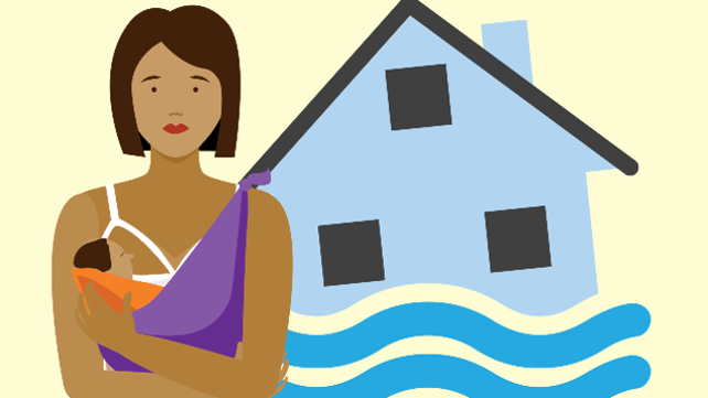 Emergency response mother Woman breastfeeding a baby with image of a house flooded in background.
