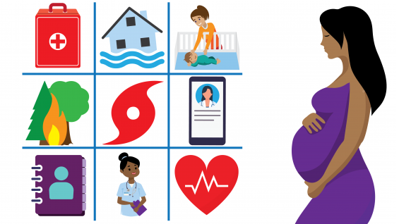 Pregnant woman surrounded by symbols representing emergencies. Pregnant woman next to symbols of hurricanes, floods, wildfires, first aid kit, contact book, doctor, baby sleeping on back in empty crib.