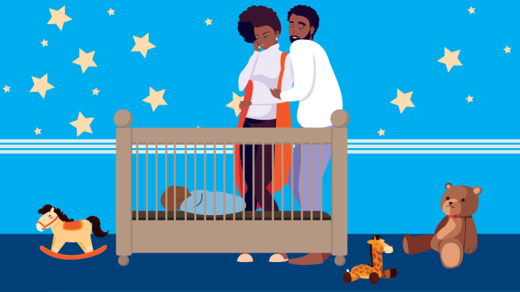 safe sleeping baby Cartoon couple standing by crib in nursery admiring baby safely sleeping on its back.