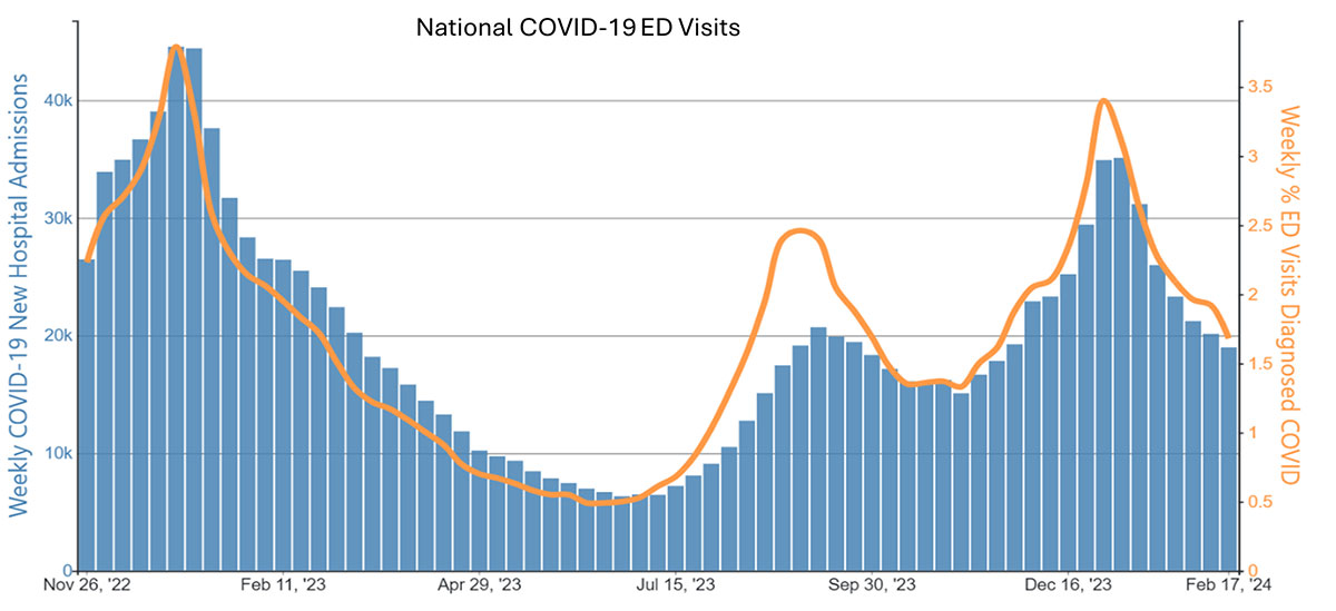 6a Bar graph in blue with a trend line in orange showing National COVID-19 ED Visits from Nov 2022 to Feb 2024