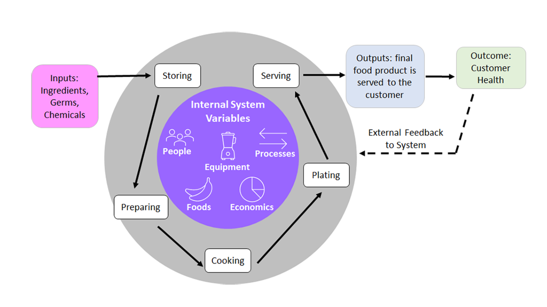 Steps within a restaurant system (inputs, processes, internal system variables, outputs, outcome, and feedback).