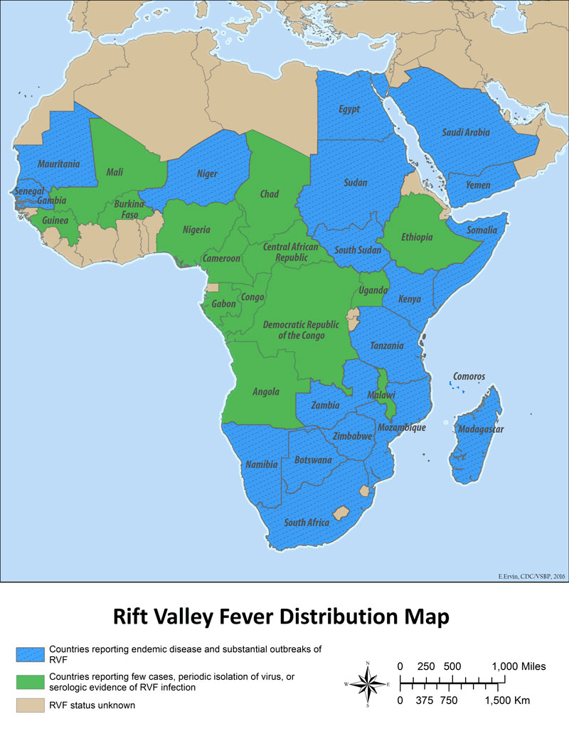 Map of countries where Rift Valley fever has been reported