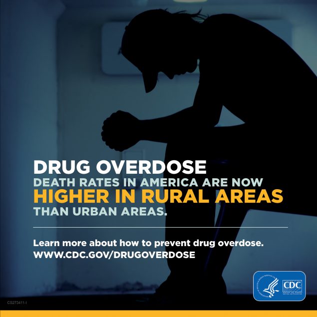 -- title missing -- Person waiting on bench with overlay text "Drug overdose death rates in America are now higher in rural areas than urban areas. Learn more about how to prevent drug overdose at www.cdc.gov/drugoverdose."