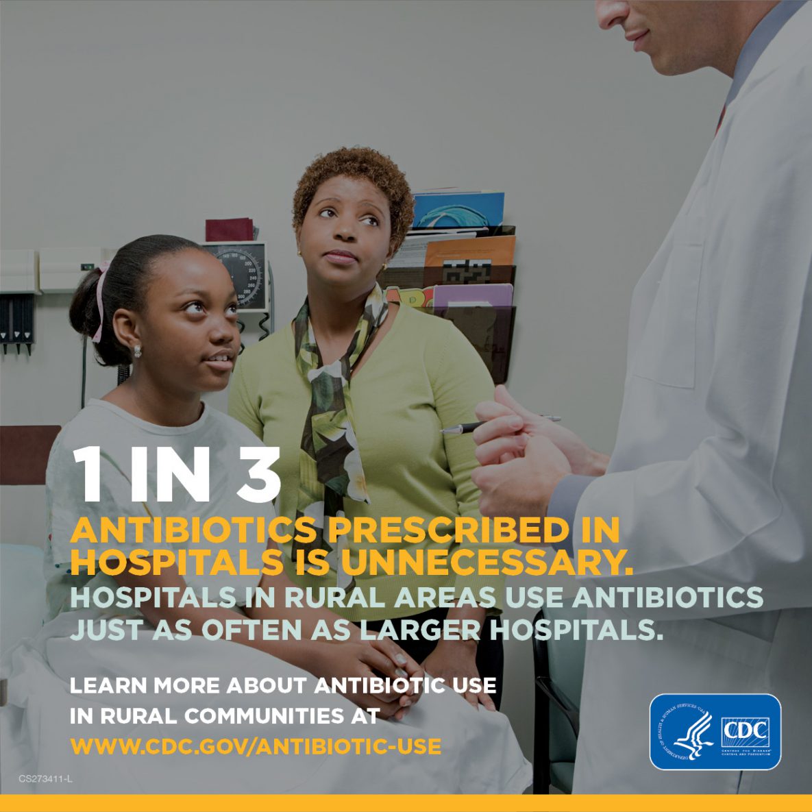 -- title missing -- Mother and child consulting with a healthcare provider. One in three antibiotics prescribed in hospitals is unnecessary. Hospitals in rural areas use antibiotics just as often as larger hospitals. Learn more about antibiotic use in rural communities at www.cdc.gov/antibiotic-use.