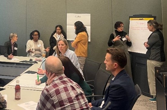 SCDC RSV Ten individuals separated into three discussion groups gather around a table and blank posters