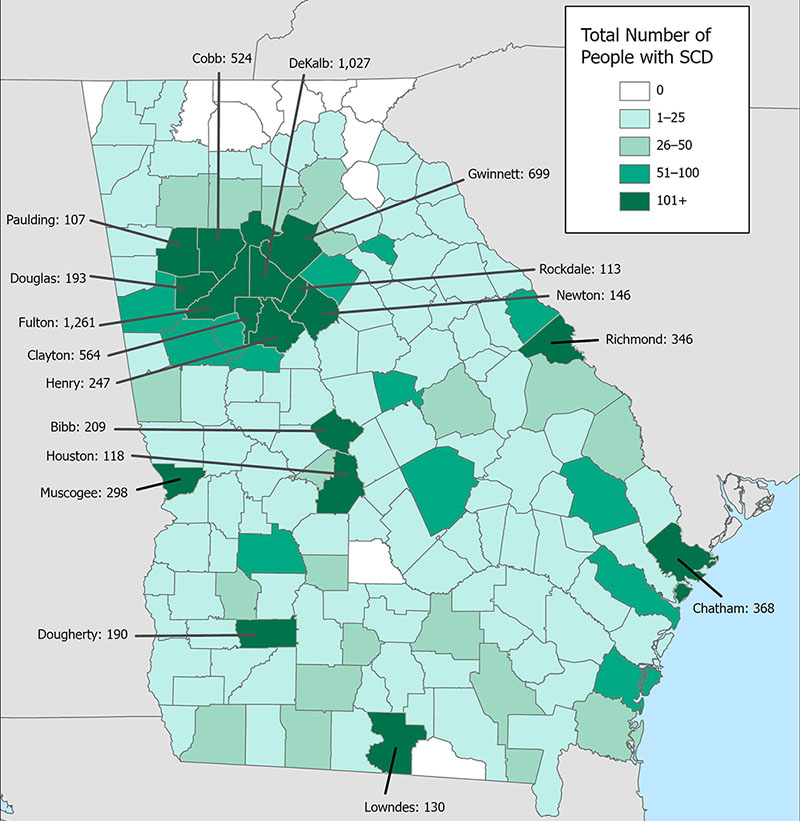 Map 1: Number of people with SCD by county of residence, Georgia SCDC Data, 2018 Map 1: Number of people with SCD by county of residence, Georgia SCDC Data, 2018