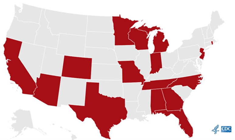 SCDC 16 states Map of the United States with 16 states shaded red.