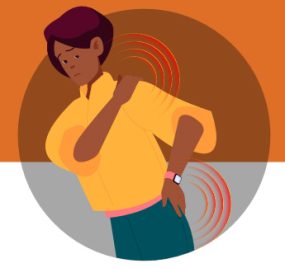 — title missing — Graphic of a Black woman with chronic pain in her hip and shoulder.