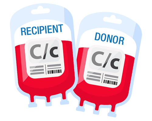 — title missing — Illustration of recipient and donor blood bags.